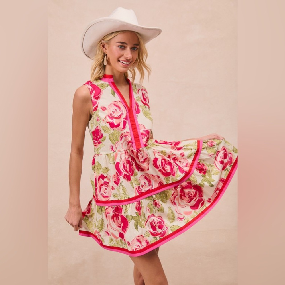 Pink Green rose floral stitched cotton v neck boho bohemian western summer dress - Picture 6 of 8